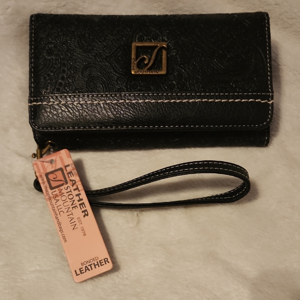 Stone Mountain Elegant Black Embossed Leather Wristlet
